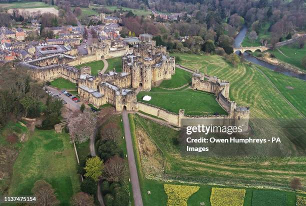 Bird's eye view of Alnwick Castle in Northumberland. The castle is the home of the Duke and Duchess of Northumberland and featured in the Harry...