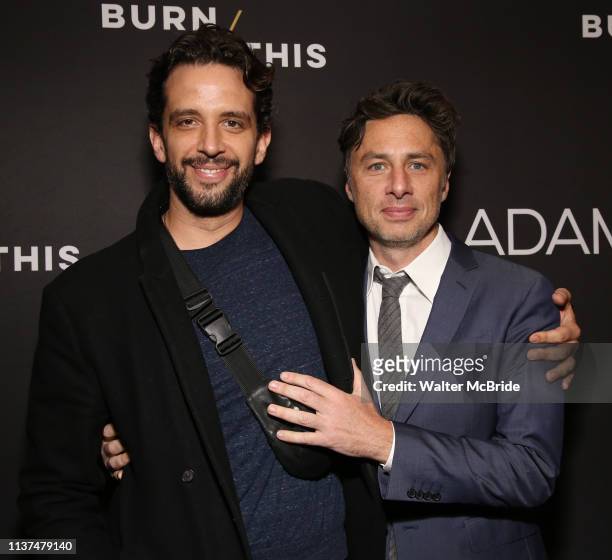 Nick Cordero and Zach Braff attend the Broadway Opening Night Arrivals for "Burn This" at the Hudson Theatre on April 15, 2019 in New York City.