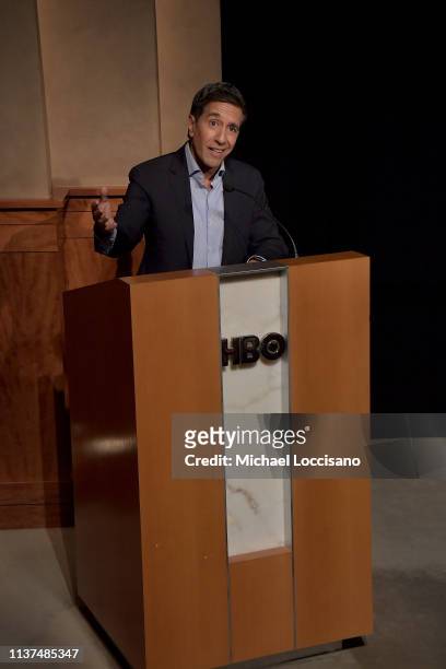Film subject Dr. Sanjay Gupta introduces the special screening of the HBO Documentary Film "One Nation Under Stress" at the HBO Theater on March 21,...