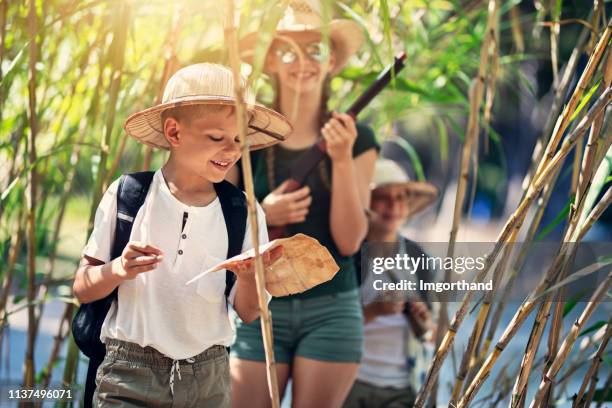 kids enjoying treasure hunt adventure - treasure hunt stock pictures, royalty-free photos & images