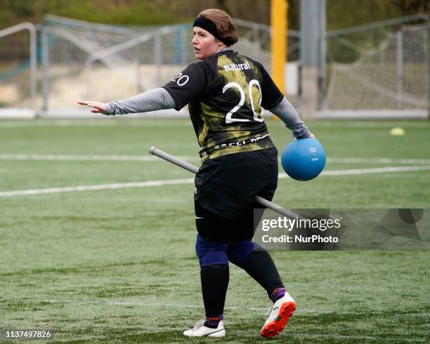 Defensive player called a Beater is seen during the European Cup in Warsaw, Poland on April 13, 2019. Quidditch is the semi-contact sport based on...