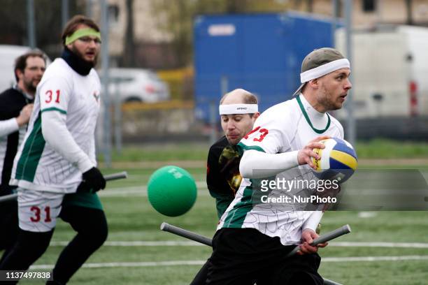 Chaser holding a volleyball used to score goals is seen during the European Cup in Warsaw, Poland on April 13, 2019. Quidditch is the semi-contact...