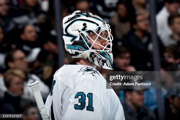 Goaltender Martin Jones of the San Jose Sharks waits for play to resume during the third period of the game against the Los Angeles Kings at STAPLES...