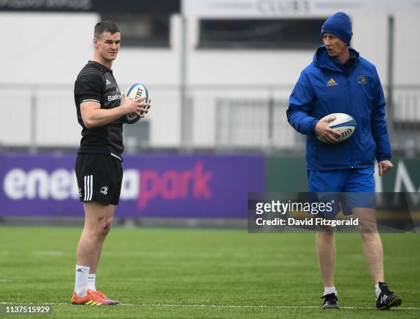 Dublin , Ireland - 16 April 2019; Jonathan Sexton, left, and head coach Leo Cullen during Leinster squad training at Energia Park in Donnybrook, Co...