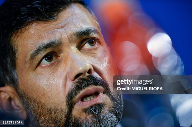 Porto's Portuguese coach Sergio Conceicao holds a press conference at the Dragao Stadium in Porto on April 16, 2019 on the eve of the UEFA Champions...