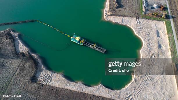 sand and gravel pit, lakeshore - aerial view - dredger stock pictures, royalty-free photos & images