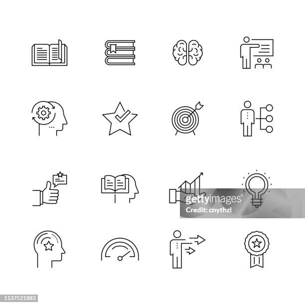 best practice and skill - set of thin line vector icons - learning objectives text stock illustrations