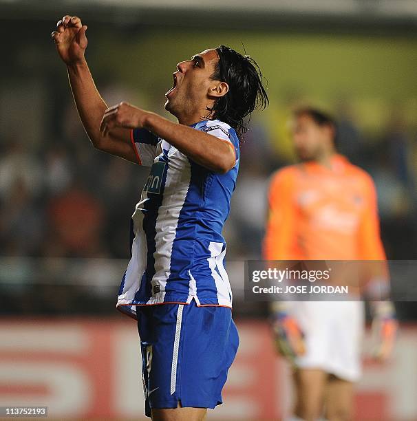 Porto's Colombian forward Radamel Falcao celebrates after scoring during the UEFA Europa League semi-final second leg football match between...