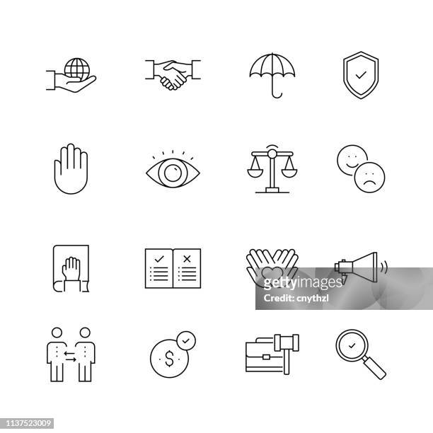 business ethics - set of thin line vector icons - true events stock illustrations