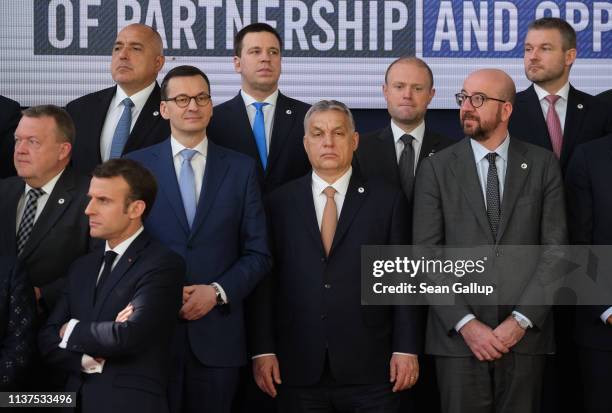 Hungarian Prime Minister Viktor Orban stands among other European leaders, including Polish Prime Minister Mateusz Morawiecki and Belgian Prime...