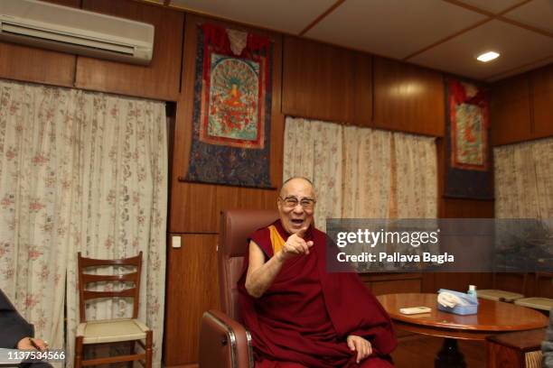 Tibetan spiritual leader the Dalai Lama speaks during the launch of the book 'Gandhi and Health @150’ which the Dalai Lama released at Mcleod Ganj on...