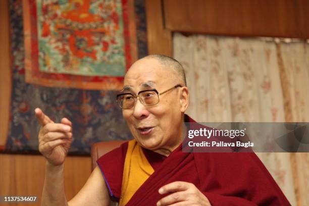 Tibetan spiritual leader the Dalai Lama speaks during the launch of the book 'Gandhi and Health @150’ which the Dalai Lama released at Mcleod Ganj on...