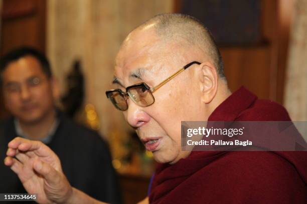 Tibetan spiritual leader the Dalai Lama speaks during a launch of the book 'Gandhi and Health @150’ which the Dalai Lama released at Mcleod Ganj on...