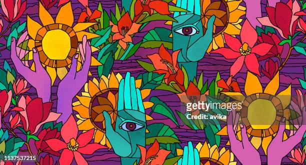 ilustraciones, imágenes clip art, dibujos animados e iconos de stock de patrón brillante sin costuras con girasoles, magnolia, gladiolo y manos humanas - hippy