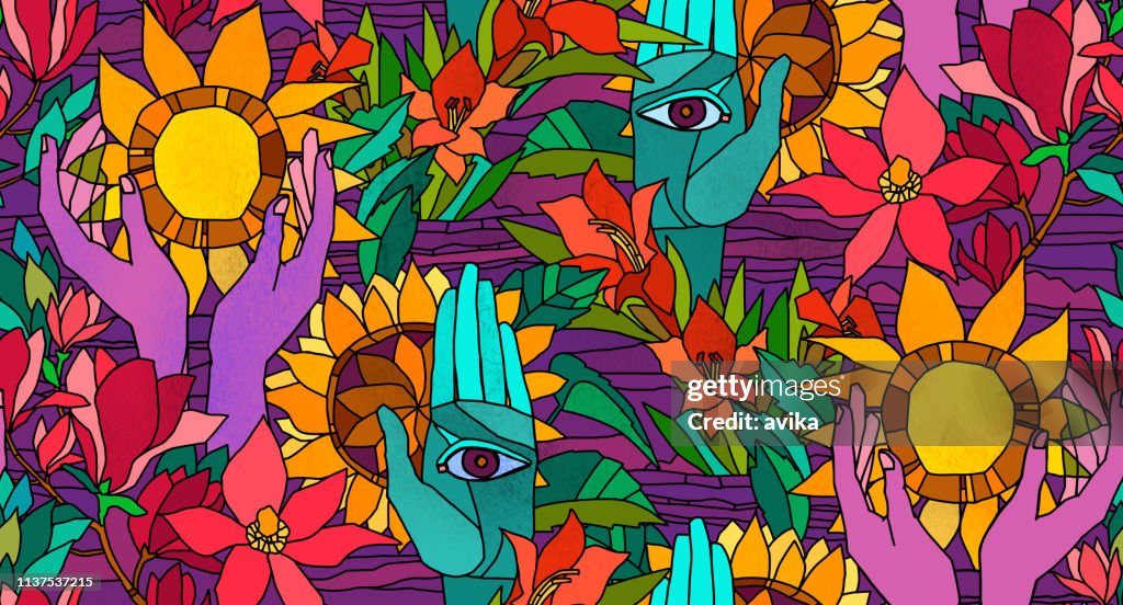 Bright seamless pattern with sunflowers, magnolia, gladiolus and human hands