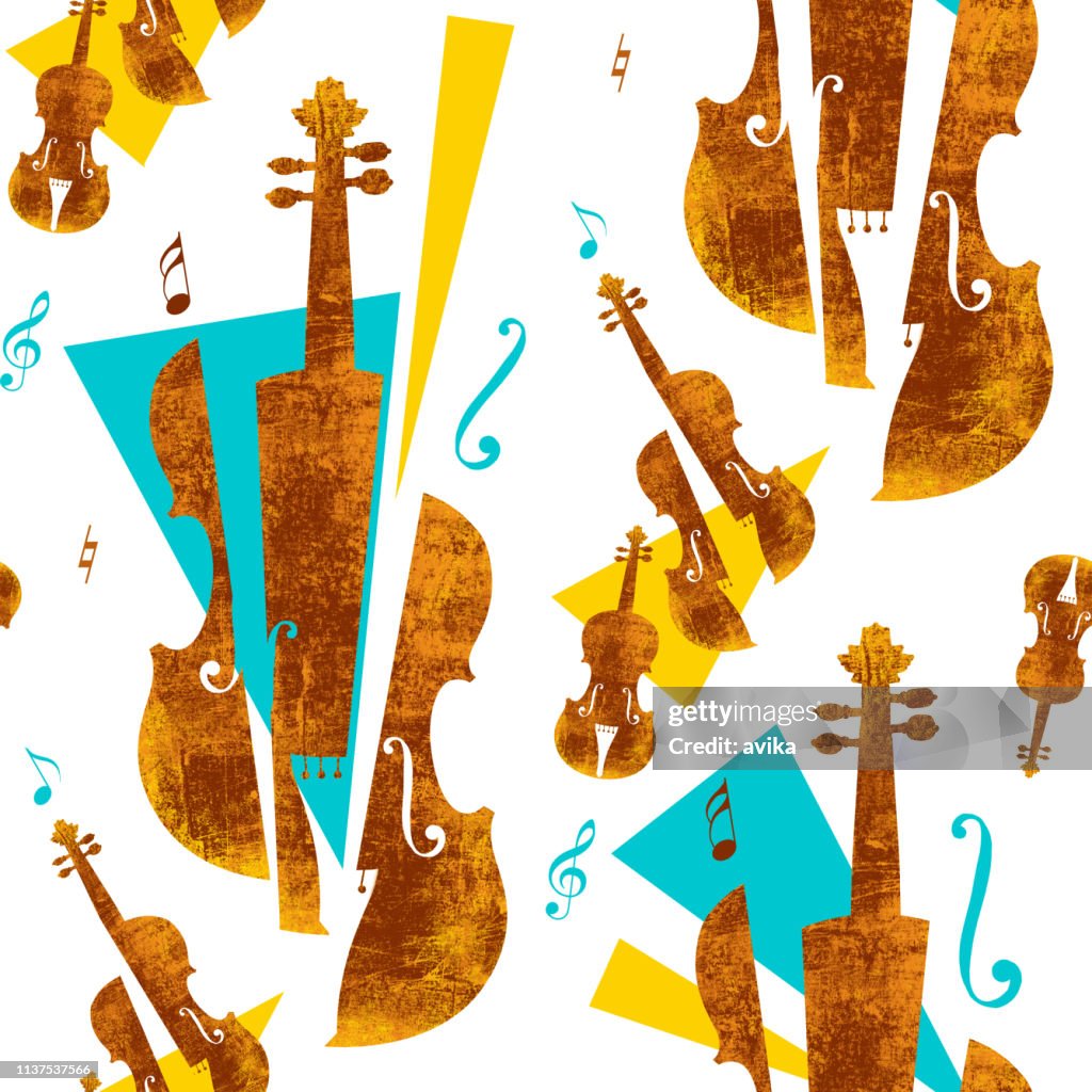 Seamless Pattern With String Instruments Notes Musical Keys And ...