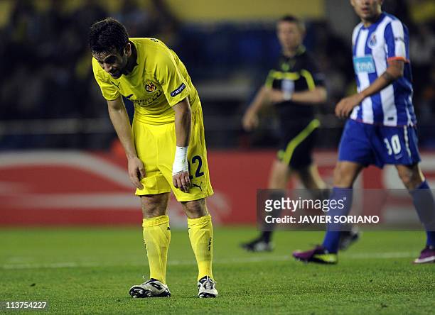 Villarreal's Italian forward Giuseppe Rossi reacts during the UEFA Europa League semi-final second leg football match between Villarreal and Porto at...