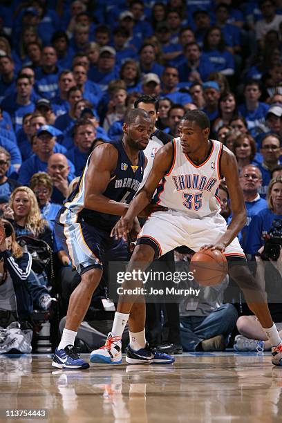 Oklahoma City Thunder small forward Kevin Durant protects the ball in Game one of the Western Conference Semifinals against the Memphis Grizzlies in...