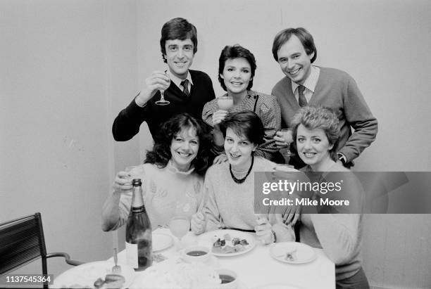 The cast of Good Morning Britain, UK, 17th November 1983; including singer Dana and television presenters Wincey Willis, Lizzie Webb, Nick Owen, John...