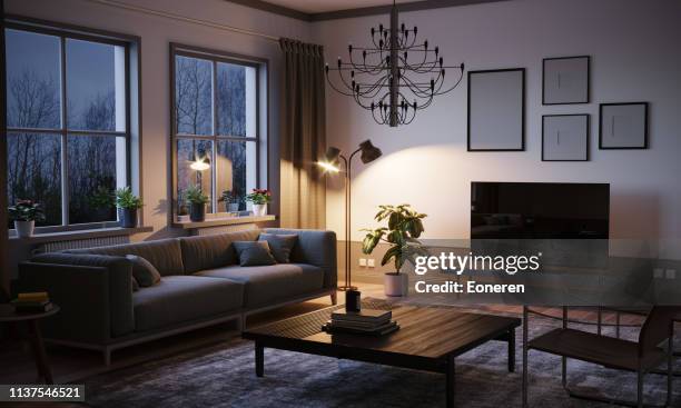 scandinavian style living room in the evening - clean living room stock pictures, royalty-free photos & images