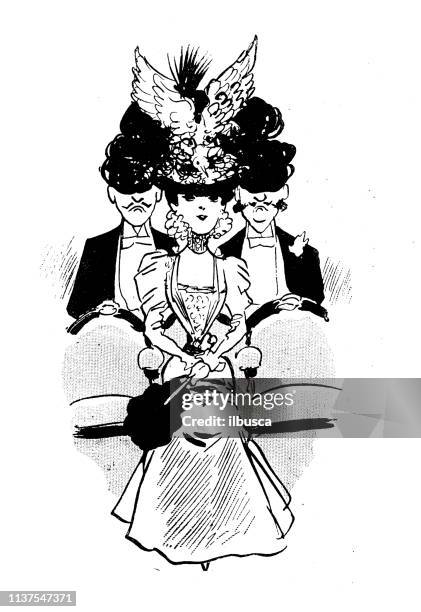 antique humor cartoon illustration: woman with big hair at theatre - big hair stock illustrations stock illustrations