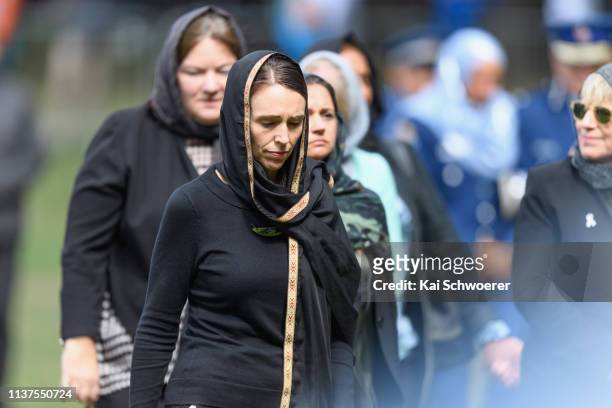 New Zealand Prime Minister Jacinda Ardern looks on after attending islamic prayers in Hagley Park near Al Noor mosque on March 22, 2019 in...