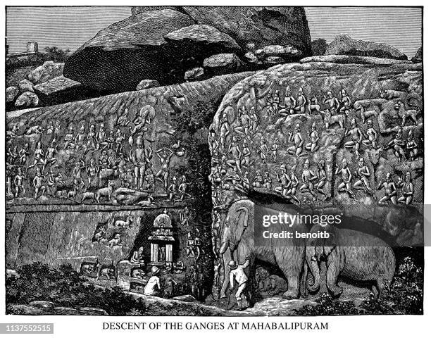 descent of the ganges carving at mahabalipuram - mamallapuram stock illustrations