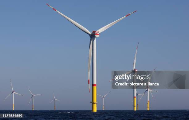 April 2019, Mecklenburg-Western Pomerania, Sassnitz-Mukran: After the official commissioning of the Arkona wind farm, the offshore project will be...