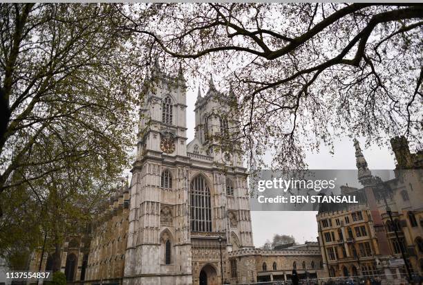 Picture shows Westminster Abbey in central London on April 16, 2019 ahead of a special toll of the bells in solidarity with France following the...