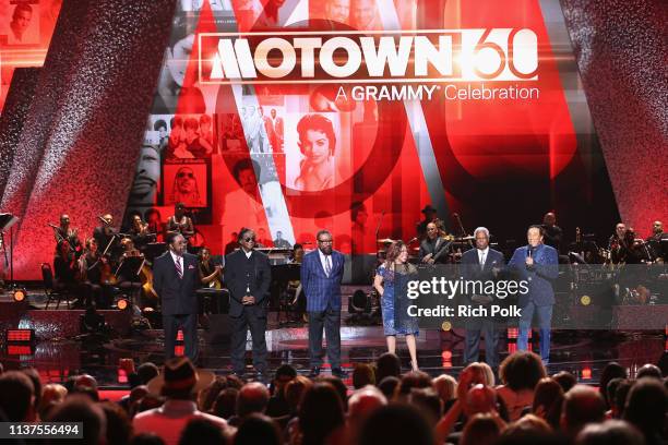 Eddie Holland, Lamont Dozier, Brian Holland, Valerie Simpson, William 'Mickey' Stevenson, and Smokey Robinson appear onstage during Motown 60: A...