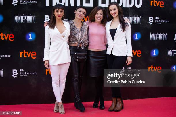 Actresses Aria Bedmar , Carla Diaz , Bea Segura and Laura Moray attend the 'La Caza. Monteperdido' photocall on March 22, 2019 in Madrid, Spain.