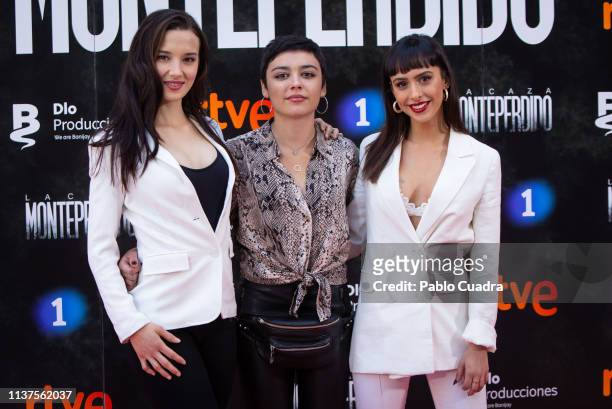 Actresses Aria Bedmar, Carla Diaz and Laura Moray attend the 'La Caza. Monteperdido' photocall on March 22, 2019 in Madrid, Spain.