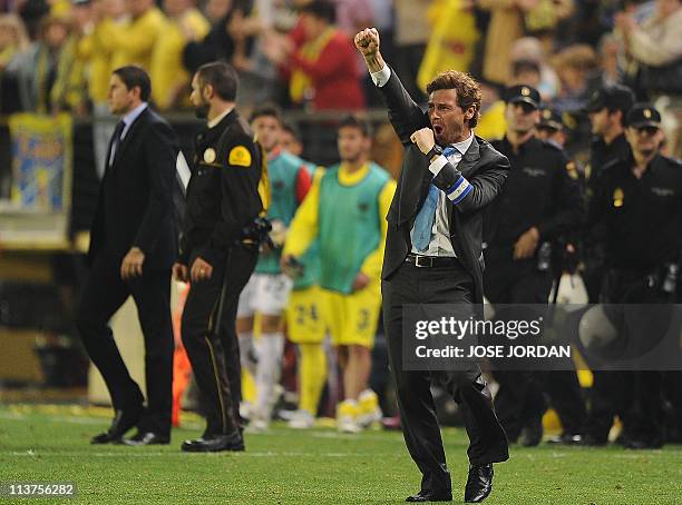 Porto's coach Andre Villas Boas celebrates after the UEFA Europa League semi-final second leg football match between Villarreal and Porto at the...