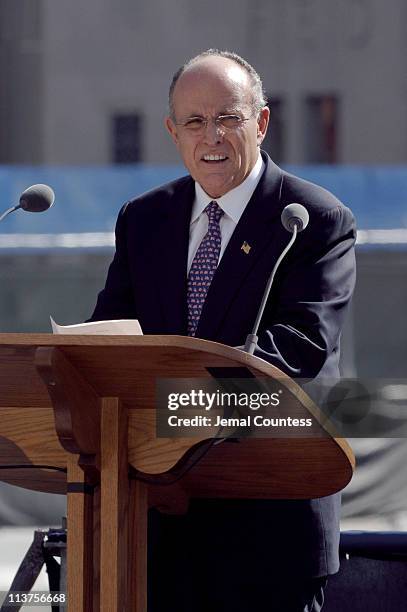 Former New York City Mayor Rudolph Giuliani speaks during ceremony to commemorate the fourth anniversary of the 9/11/2001 terror attacks on the World...