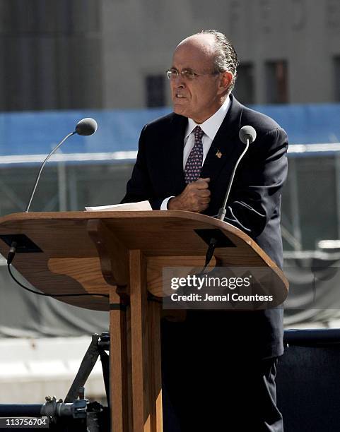 Former New York City Mayor Rudolph Giuliani speaks during ceremony to commemorate the fourth anniversary of the 9/11/2001 terror attacks on the World...