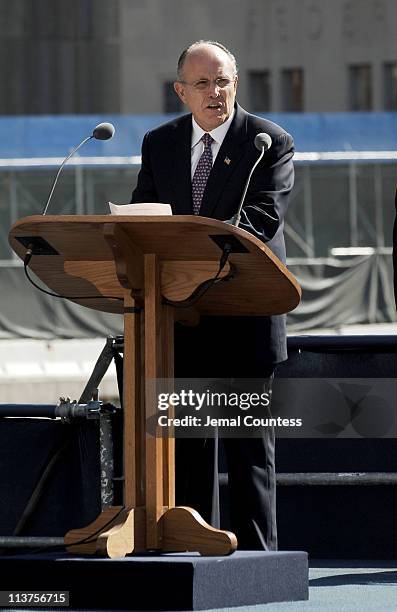 Former New York City Mayor Rudolph Giuliani speaks during ceremony to commemorate the fourth anniversary of the 9/11/2001 terror attacks on the World...