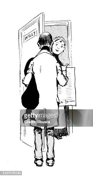 antique humor cartoon illustration: entering - woman entering home stock illustrations