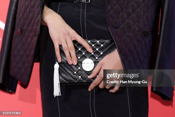 Mariya Nishiuchi, bag detail, from Japan attends the photocall for the 'Metrocity' 2019 F/W Collection on March 22, 2019 in Seoul, South Korea.