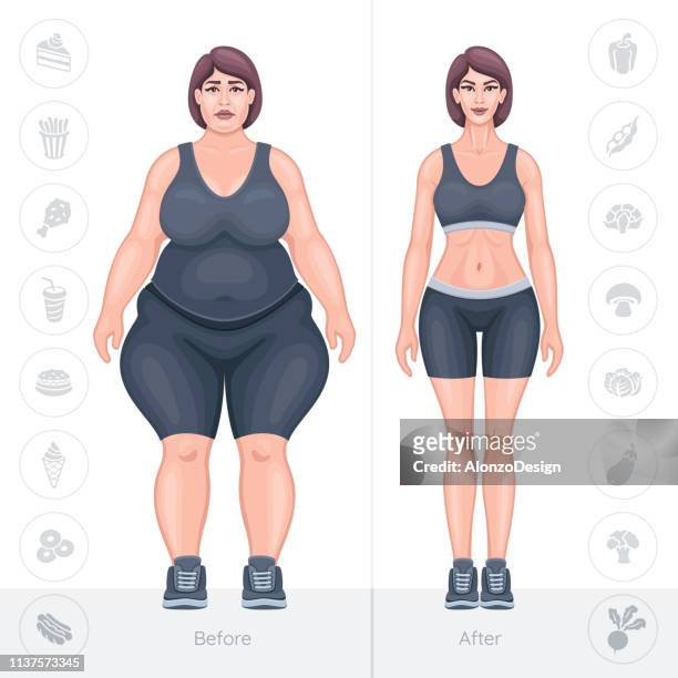 ilustraciones, imágenes clip art, dibujos animados e iconos de stock de concepto de pérdida de peso. cuerpo femenino gordo y delgado - conversion sport