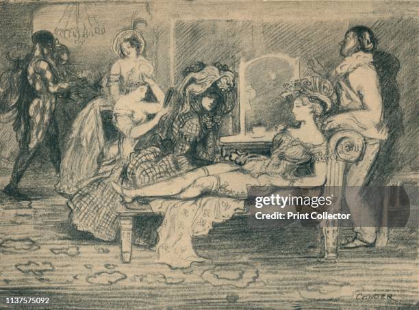 The Green Room', circa 1904, . A group of actors from the Commedia dell'Arte relax backstage. From "Modern Masterpieces", Part 8. [George Newnes Ltd,...