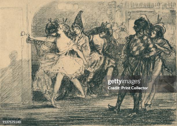 Entrée Au Scene', circa 1904, . 'L'entrée en scène': a group of actors from the Commedia dell'Arte prepare to take the stage. From "Modern...