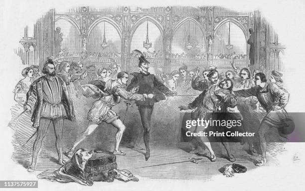 Scene from Spohr's "Faust", at the Royal Italian Opera', 1852. Count Hugo challenges Faust to a duel. Faust kills Hugo and flees. Production of the...