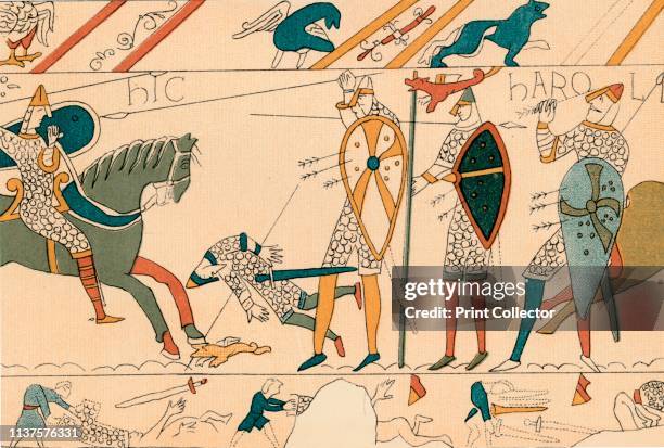 Battle of Hastings & Death of Harold', . King Harold is shot in the eye with an arrow and killed. Illustration of a section from the Bayeux Tapestry,...