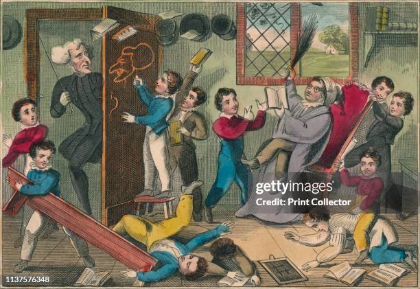 The Schoolmaster Abroad', 1832. The teacher returns to find his pupils creating mayhem in the classroom. One draws a caricature of the teacher on the...