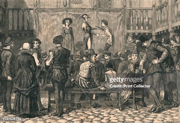 Play in a London Inn Yard, In the Time of Queen Elizabeth', circa 1873. Makeshift stage in the courtyard of an inn, during the reign of Elizabeth I ....
