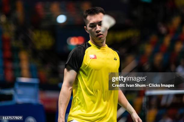 Ng Ka Long from Hong Kong during the Badminton Asia Mixed Team Championships 2019 Tong Yun Kai Cup quarter finals at the Queen Elizabeth Stadium...