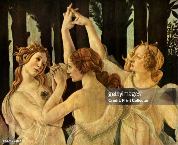 The Three Graces, detail from 'Primavera', circa 1478, . Painting in the Uffizi, Gallery, Florence. From "Sandro Botticelli" by Lionello Venturi....