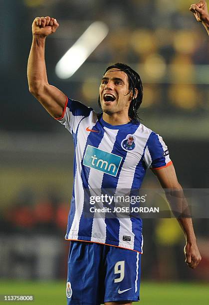 Porto's Colombian forward Radamel Falcao celebrates after the UEFA Europa League semi-final second leg football match between Villarreal and Porto at...