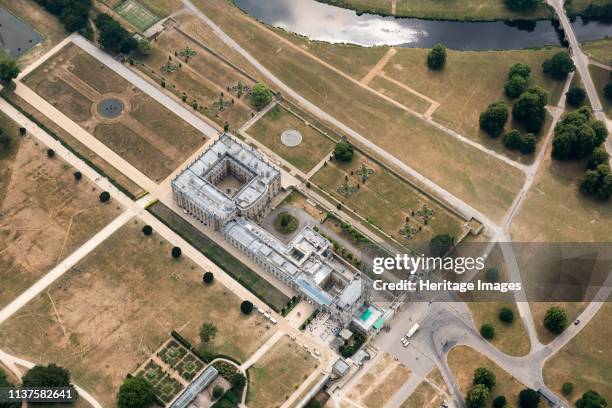 Chatsworth House, Chatsworth, Derbyshire, 2018. Aerial view of the house, formal gardens and parching during the drought of the summer of 2018....