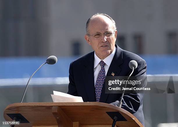 Former New York City Mayor Rudolph Giuliani speaks during ceremony to commemorate the fourth anniversary of the 9/11/2001 terror attacks on the World...